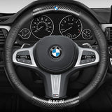 Customized Steering Wheel Cover Compatible with BMW, Premium Nappa Leather&Bright Carbon Fiber Texture Steering Wheel Cover, with Coasters and 3-in-1 USB Fast Charging Cable (Black)