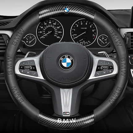 Customized Steering Wheel Cover Compatible with BMW, Premium Nappa Leather&Bright Carbon Fiber Texture Steering Wheel Cover, with Coasters and 3-in-1 USB Fast Charging Cable (Black)