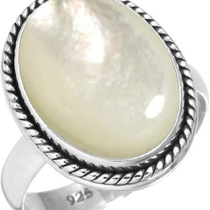 Boho Handmade Jewelry Chunky Natural Gemstone Tiger Eye, Crystal, Pearl, Garnet Oval Genuine 925 Sterling Silver Ring For Women