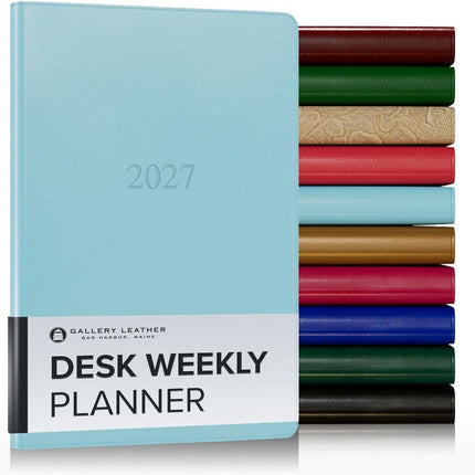 Gallery Leather Desk Weekly Monthly Planner 2027, Elegantly Bound Calendar Planner and Notebook with Stylish Gold-Gilded Page Edges, 12 Months - Caribbean Aqua - 8x5.5"
