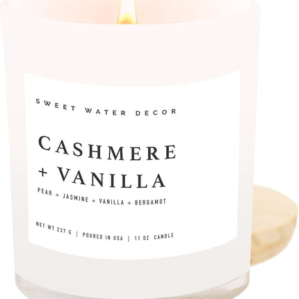 Sweet Water Decor Cashmere and Vanilla Soy Candle - Soft Cashmere, Sandalwood, Jasmine, and Vanilla Scented Candle for Spring - 11oz White Jar and Wood Lid, 50+ Hour Burn Time, Made in The USA