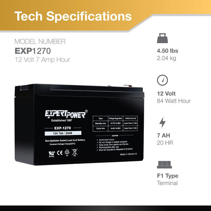 ExpertPower 12V 7Ah - SLA Rechargeable 12V Battery for Ride-On Toys, Alarm System, UPS, EPS, Feeder, Exit Sign, Small 12 Volt Battery for Kids Car, Sealed Lead Acid Fire Alarm Batteries