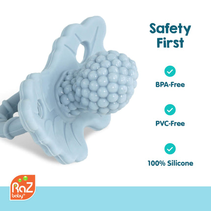 Silicone Teether Pacifier – Teething Relief for Infants, Food-Grade, BPA-Free, Hands-Free, Natural Berrybumps Fruit Texture for Sensory Development, Freezable, 2-Pack - Red & Blue