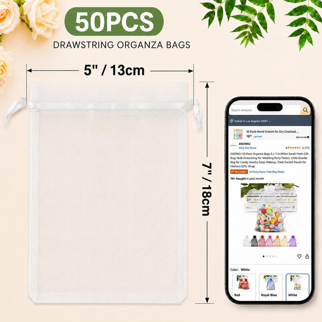 50PCS Organza Bags 5 x 7, White Small Gift Mesh Bags Drawstring Bulk