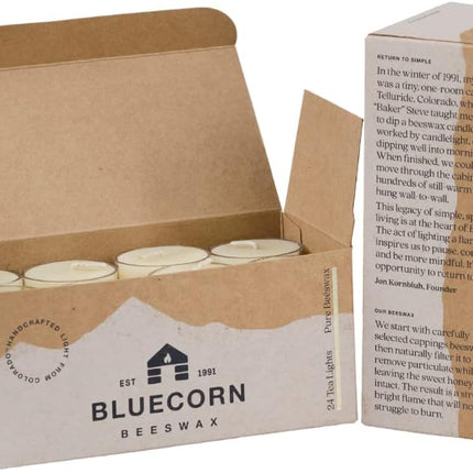 Bluecorn Beeswax Tea Light Candles, 100% Pure Natural Bees Wax, Ivory White Tea Lights, Fragrance Free, Paraffin & Soy Free Candle Wax, Clean Burning, Long Lasting (4-5 Hrs), American Made, 24 Pack