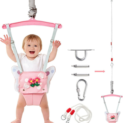 FUNLIO Baby Jumper with a Ceiling Hook for 6-24 Months, Baby Door Jumper for Indoor/Outdoor Play, Jumper Doorway with Adjustable Chain, Easy to Assemble & Store (with a Ceiling Hook) - Green Dinosaur