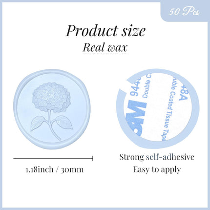 UNIQOOO Wax Seal Stickers - 3D Hydrangea Floral Wedding Invitation Envelope Seal Stickers, 50 Pcs Self- Adhesive Stickers, Perfect for Invitation, Christmas, Gift Wrapping (Light Blue)