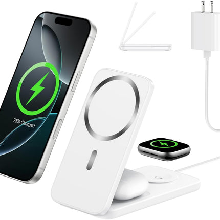 Compatible MagSafe 3 in 1 Wireless Charging Station for Apple, Magnetic Foldable Charger Stand for iPhone 17/16/15/14/13/12 Pro Max, Apple Watch Ultra/Series & AirPods Pro Fast Charging Dock