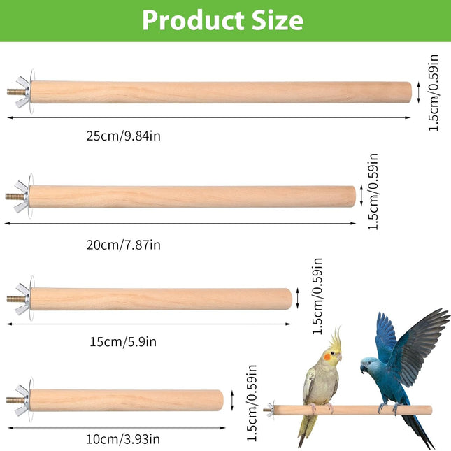 4Psc Bird Perches for Cage, Wooden Parrot Perches Stand with 4Pcs Nuts 8Pcs