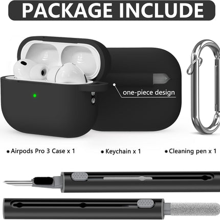 Ljusmicker for AirPods Pro 3 Case 2025 with Cleaner Kit,Soft Silicone Protective Cover for Apple AirPods Pro 3rd Generation Cases for Women Men,for AirPod Pro 3 Case Accessories with Keychain-Black