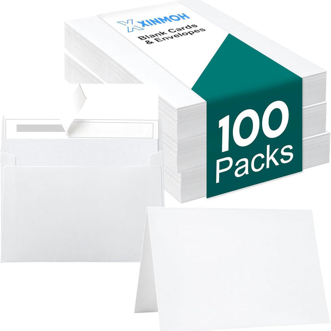 100 Pack White Blank Cards and 100 Pack Envelopes 4x6, Note Greeting Cards and Envelopes Set, Folded Cardstock with