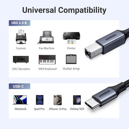 UGREEN USB C 3 FT Printer Cable, Nylon USB B to C Cord for MacBook Pro/Air, MIDI Cable Compatible with MIDI Keyboard, DAC, DJ Controller for iPad Pro Black