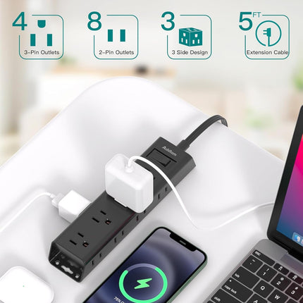 Extension Cord Flat Wall Plug - Surge Protector Power Strip with 12 Outlets, 5ft, Outlet Extender with Multiple Outlets, Wall Mount, Desk Charging Station for Home Office Dorm Room Essentials, Black