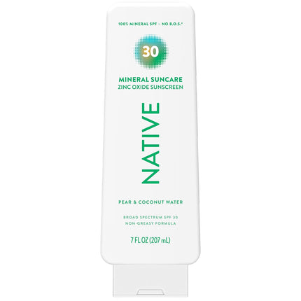 Native Mineral Sunscreen Lotion SPF 30, Pear & Coconut Water Scent, with 100% Mineral Zinc Oxide for Face & Body, Hawaii Compliant, Vegan, No White Cast - 7 oz