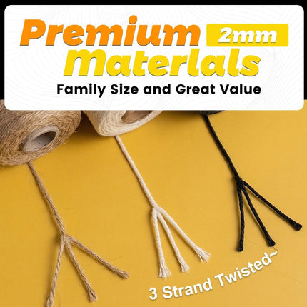 Twine String Natural Jute Twine & Cotton Twine Bundle - Bulk Packing Twine for Crafts, Gift Wrapping String, Gardening Twine, Home Decor (3 Rolls, 984ft, 2mm)