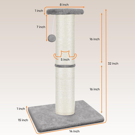 PAWSCRAT Cat Scratching Post 32" Tall, Large Diameter Natural Sisal Cat Scratch Post with Dangling Ball for Indoor Cats, Scratch-Resistant Durable and Protect Your Furniture, LightGrey