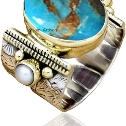 10x14 MM Oval Gemstone Solid 925 Sterling Silver Two Color 15MM Wide Band Ring with Tiny Freshwater Pearl Accents for Women Gift