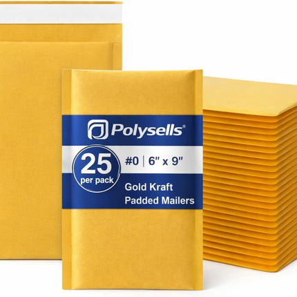 POLYSELLS 6x9 Bubble Mailers, 25 Pack Padded Envelopes, Self Seal Shipping Mailers for Small Business, Lightweight & Durable Gold Bubble Envelopes