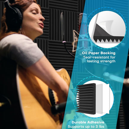 Knightsacoustic 24 Pack Sound Proof Foam Panels for Walls with Self Adhesive, 12x12x2 Acoustic Foam Panels, High Density Acoustic Panels Sound Absorbing, Fire Resistant Studio Sound Proofing Black