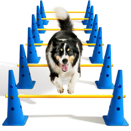 Dog Agility Course Backyard Set, Dog Agility Hurdle Cone Set with Height Adjustable Crossbar for Rehabilitation & Beginners, Dog Agility Equipment for Dog Obstacle Course - 12 Inch