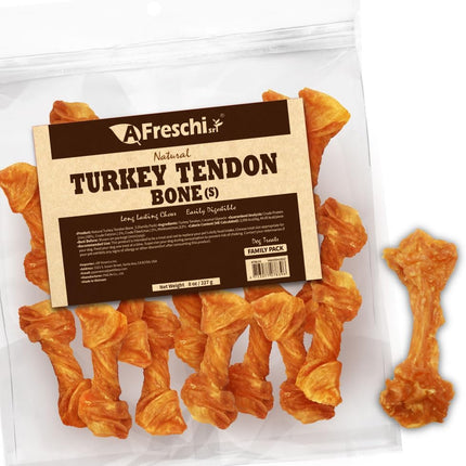 A Freschi srl Turkey Tendons for Dogs, USA-Sourced, Healthy Dog Treats, Rawhide-Free Puppy Chews, Long Lasting, All Natural, Hypoallergenic Dog Treats for Small Breeds, 8 oz Pack Bone (S)
