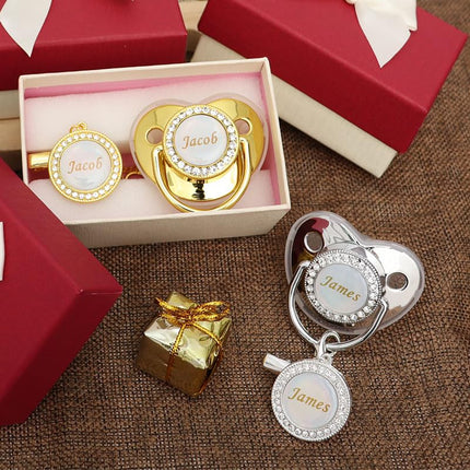 Personalized Pacifier with Name, Bling Gold Pacifier Clip Set Storage Box, Customized Glitter Crystal Luxurious Soother Ideal Gift for Boys Baby Shower Photography Newborn (Rose)