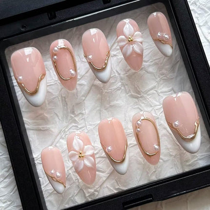 Spring Press On Nails MAGLFELL Handmade Almond Fake Nails, 3D Carving Floral and Pearl Design,10 Pcs Reusable ABS Material Acrylic Fingernail Tip Salon Artificial Nails Kit (Size M)
