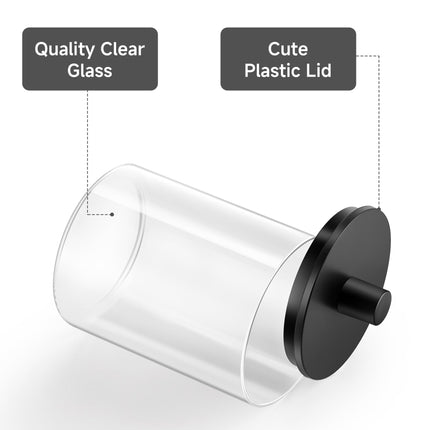 Dispensador de vidrio para hisopos de 10 oz, frasco transparente tipo botica, organizador para tocador de baño para hisopos, almohadillas, palillos de hilo dental y maquillaje (2 piezas, negro)
