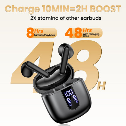 Wireless Earbuds, Bluetooth 5.4 Ear Buds, 48H Playback Bluetooth Headphones with LED Power Display, Deep Bass Stereo, IPX7 Waterproof, Lightweight with Mic for iPhone Android iPad