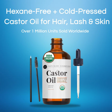 Castor Oil Organic for Hair, Lashes, Face (2oz), 100% Pure, Cold Pressed, Hexane Free Hair Oil. Lash Serum for Thicker-Looking Eyelashes & Eyebrows