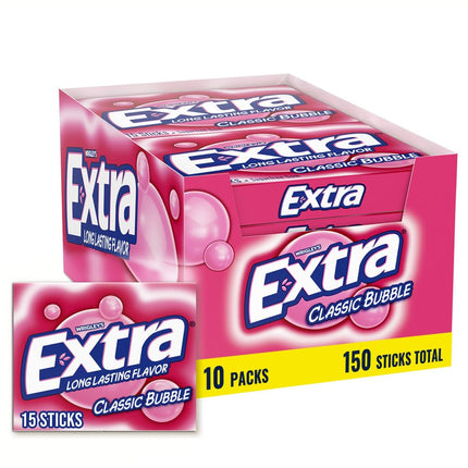 Extra Classic Bubble Gum Sugarfree Bulk, Individually Wrapped, perfect for Fresh Breath and Sharing at School, Work & Travel, 15 Ct, 10 Pack