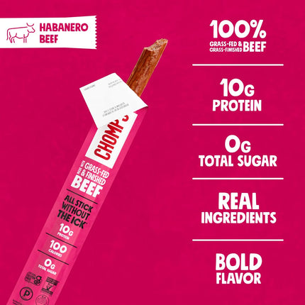 Chomps Grass-Fed and Finished Spicy Habanero Beef Jerky Snack Sticks 10-Pack - Keto, Paleo, Whole30, 10g Lean Meat Protein, Gluten-Free, Zero Sugar Food, Non-GMO