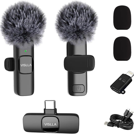 Vislla Mini Microphone for iPhone & Android,11H Battery, Noise Cancelling Wireless Lavalier Mic, Clip On Lapel Mic Pro for Content Creator Vlogging/YouTube/Tiktok/Video Recording/Streaming/Interview