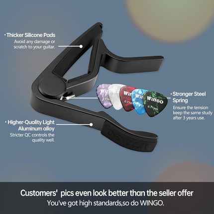 WINGO Guitar Capo for Acoustic and Electric Guitars with 5 Picks for Free, Black.
