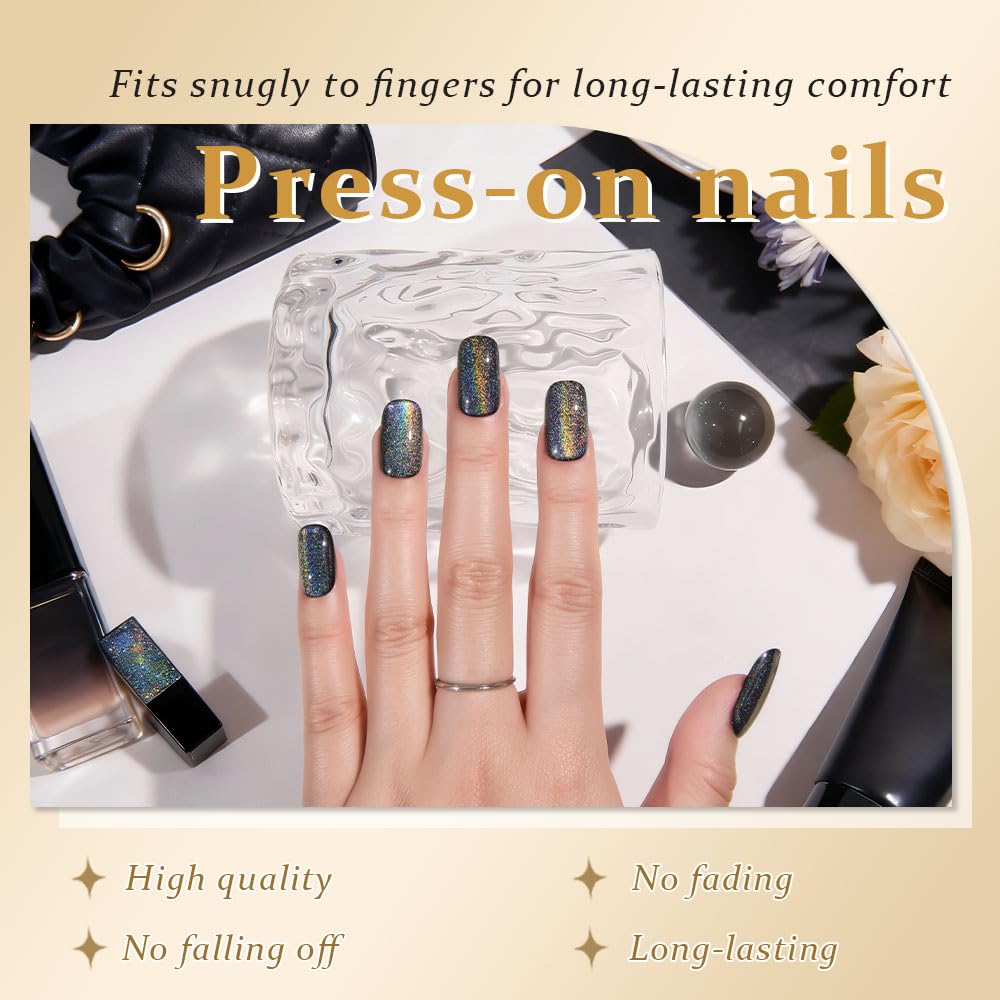 Black Chrome Metallic Cat Eye Press on Nails Medium Square No Glue - photo 3