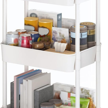 Sywhitta 3-Tier Plastic Rolling Utility Cart with Handle, Multi-Functional Storage Trolley for Office, Living Room, Kitchen, Movable Storage Organizer with Wheels, White