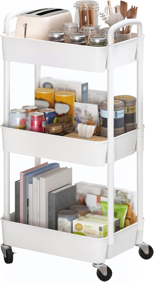 3-Tier Plastic Rolling Utility Cart with Handle, Multi-Functional Storage Trolley for Office, Living Room, Kitchen