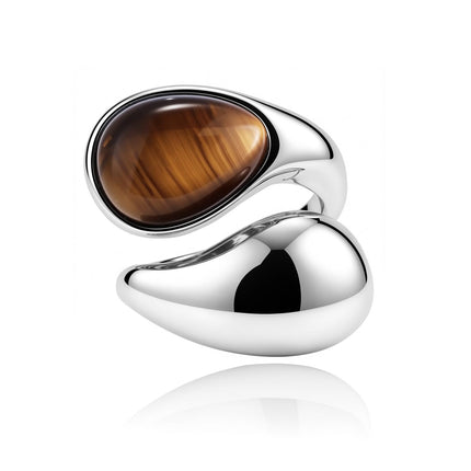 14K Gold Plated Tiger Eye Stone Chunky Open Ring Boho Vintage Rings for Women Brown Jewelry and Pearl