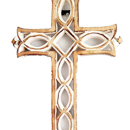 Thanksgivning Gifts Wooden Wall Cross Plaque with Hand Carvings | Religious Altar Home & Living Room Decor | Whitewash Wood Wall Cross 12 x 8 Inch