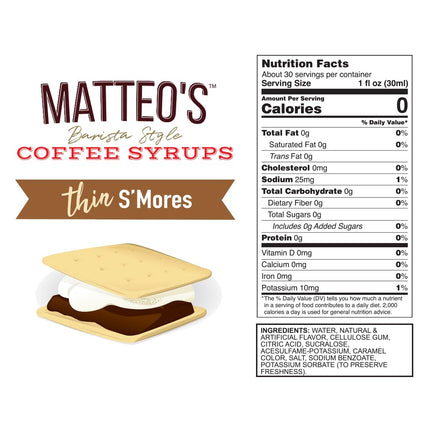 Matteo's S'mores Syrup for Coffee, Lattes, Cappuccinos & Desserts – Sugar-Free Sweetener for Beverages, Keto Friendly, Zero Calories, Indulgent Flavor, Non-Alcoholic, Ideal for Hot Drinks 33.8oz (1pk)