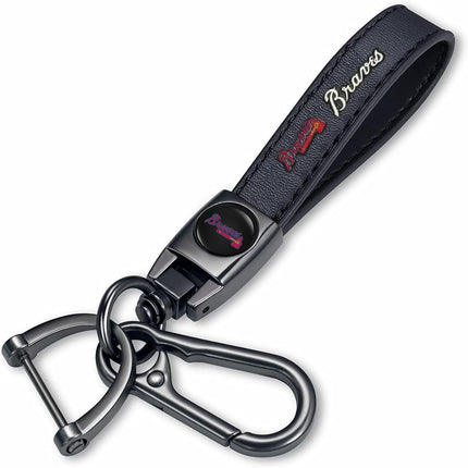 Genuine Leather Baseball Key Chain Compatible with Atlanta Braves Key ring Accessories Keychain Family Present for Man and Woman Black