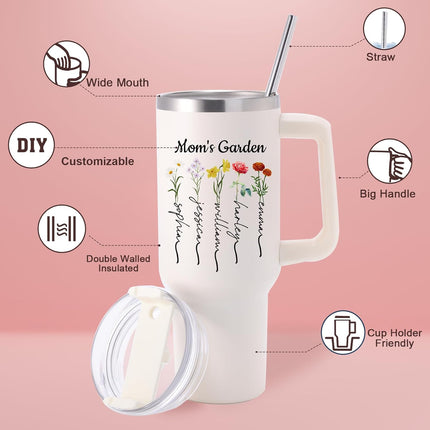 Elemtansy Mothers Day Personalized Mom Tumbler with Kids Names, Custom Birthday Gifts for Mom from Daughter and Son, Stainless Steel 40 Oz Mama Tumbler, Gifts for Grandma