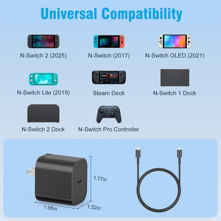 Charger for Nintendo Switch 2-20V 3A 60W AC Adapter Fast Charging with 5FT USB C Cable - Compatible with Switch/OLED/Lite/Steam Deck, Support 4K TV Mode, Foldable Plug