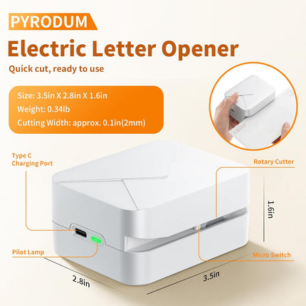 White Rechargeable Electric Letter Opener – Automatic Envelope Slitter with Safe Hidden Blade, 1500 Cuts/Charge, Portable for Office & Home, Elderly Friendly, No Battery Needed