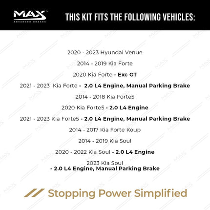 MAX Advanced Brakes - Rear Brake Kit For 2011-2020 Hyundai Elantra, 2014-2023 Kia Forte, 2014-2023 Kia Soul| Carbon Ceramic Brake and Rotor Kit| OE Replacement Brake Rotors