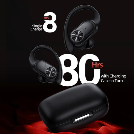 Bluetooth Headphones Wireless Earbuds 80hrs Playtime Wireless Charging Case Digital Display Sports Ear Buds with Earhook Deep Bass IPX7 Waterproof Over-Ear Earphones for TV Phone Laptop Black
