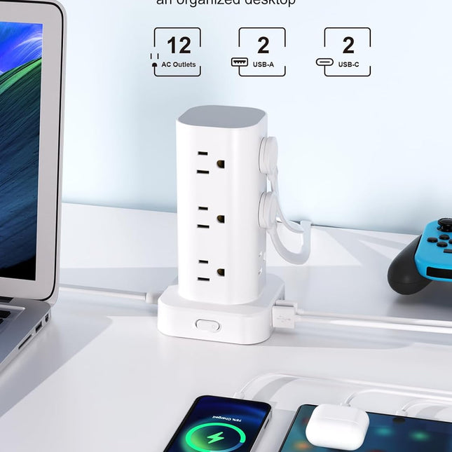 Power Strip Tower with Multiple Outlets, Flat Plug Surge Protector Tower Extension Cord with 12 AC - photo 2