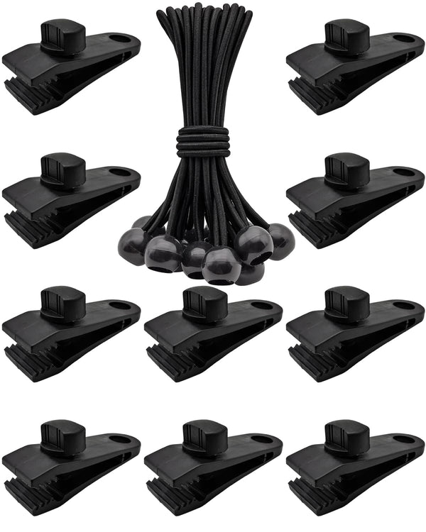 10Pcs Tarp Clips Heavy Duty Lock Grip + 10Pcs Ball Bungee Cords 6”