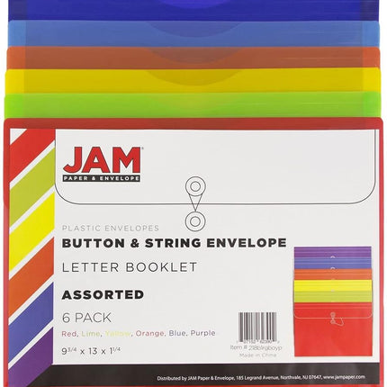 JAM PAPER Plastic Envelopes with Button & String Tie Closure - Letter Booklet - 9 3/4 x 13 - Assorted Primary Colors - 6/Pack