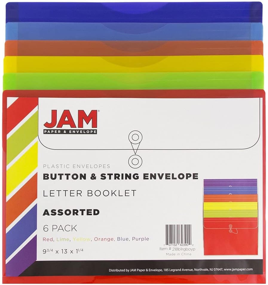 Plastic Filing Envelopes with Button & String Tie Closure, Letter Booklet, 9 3/4 x 13, Assorted Primary - photo 2